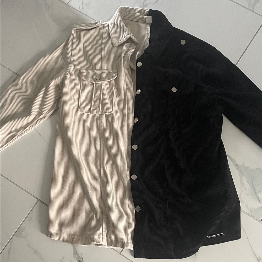 Two-Tone Black and Cream Corduroy Button-Down Shirt
